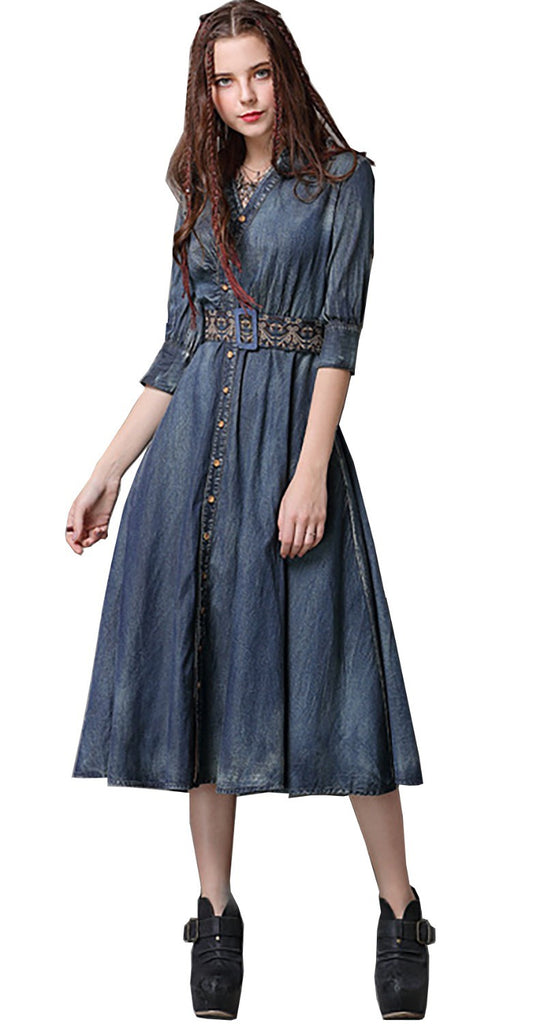 S M L elegant cotton new spring 2018 vintage long jeans dress women half sleeve denim a line mid calf v neck embroidery belt #A82083